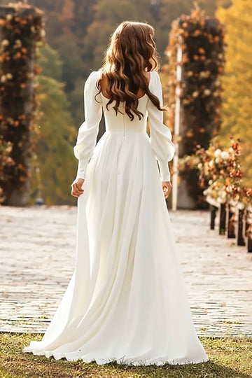 Ivory A-Line Square Neck Long Sleeve Wedding Dress